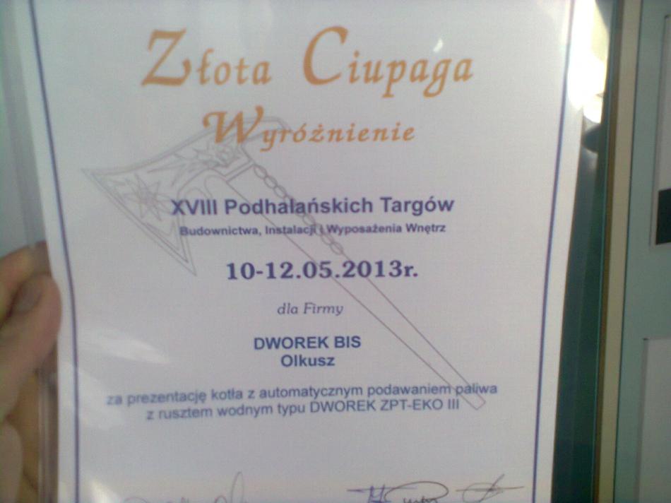 Złota Ciupaga wyróżnienie na XVIII Podhalańskich Targach Budownictwa